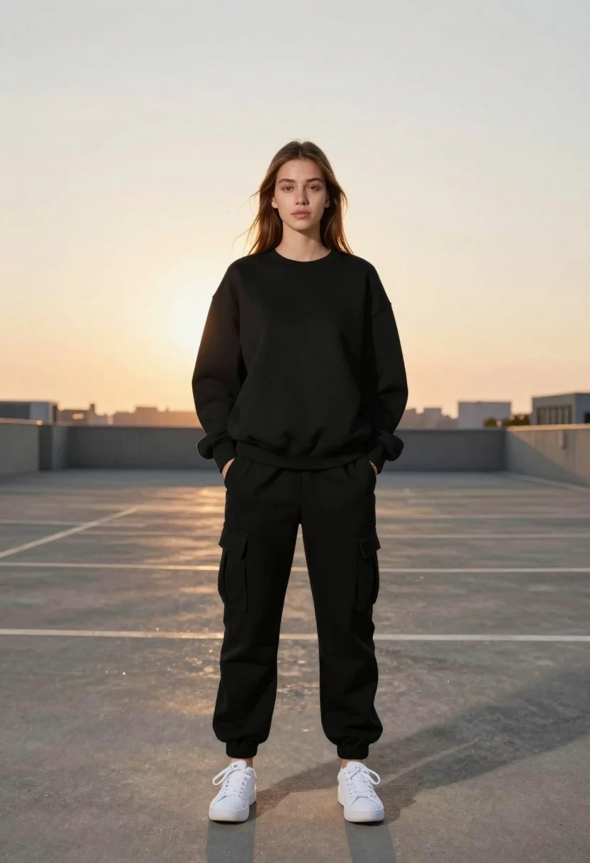 Young woman in black outfit on concrete rooftop at sunset - AI generated image prompt sample