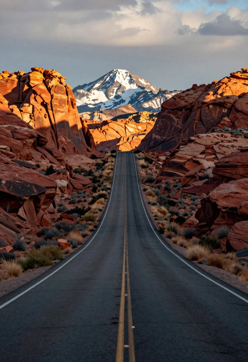 Asphalt road through red rock canyon leading to distant snow capped mountain - AI generated image prompt sample