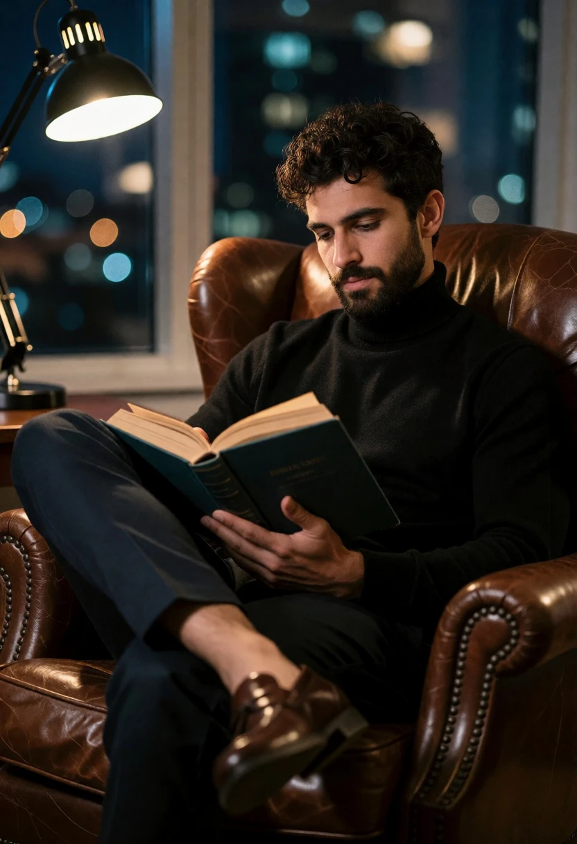 Man reading book in brown armchair by window at night time - AI generated image prompt sample