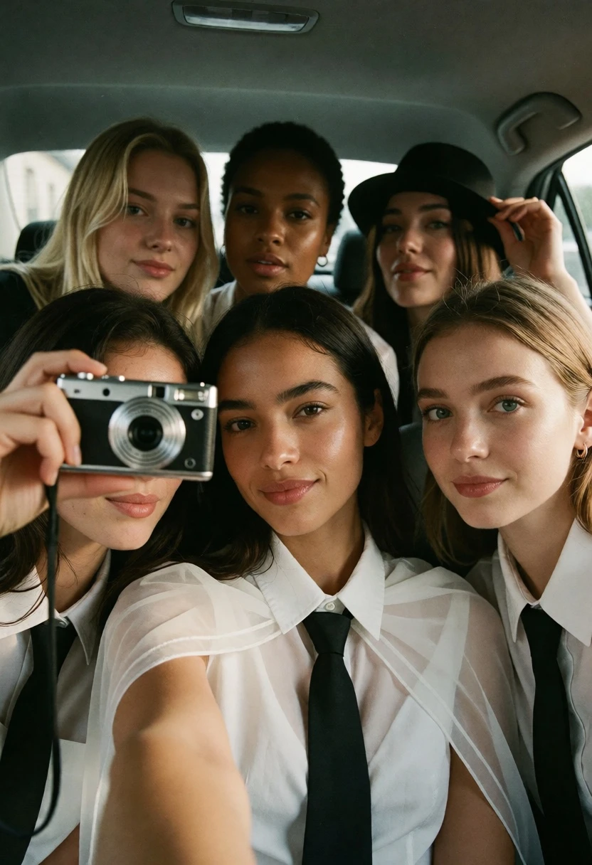 Five young women posing closely for a selfie inside a car backseat - AI generated image prompt sample