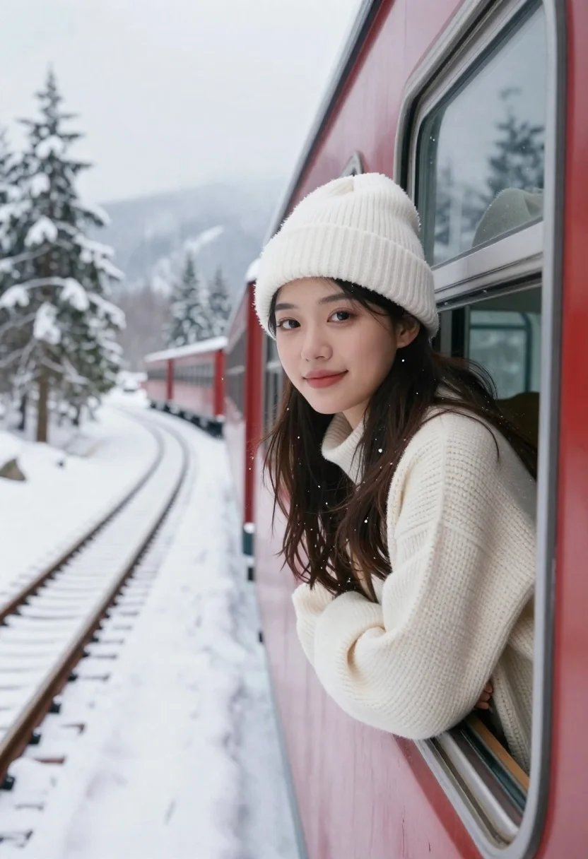 Young woman in knit sweater leaning out of red train window - AI generated image prompt sample