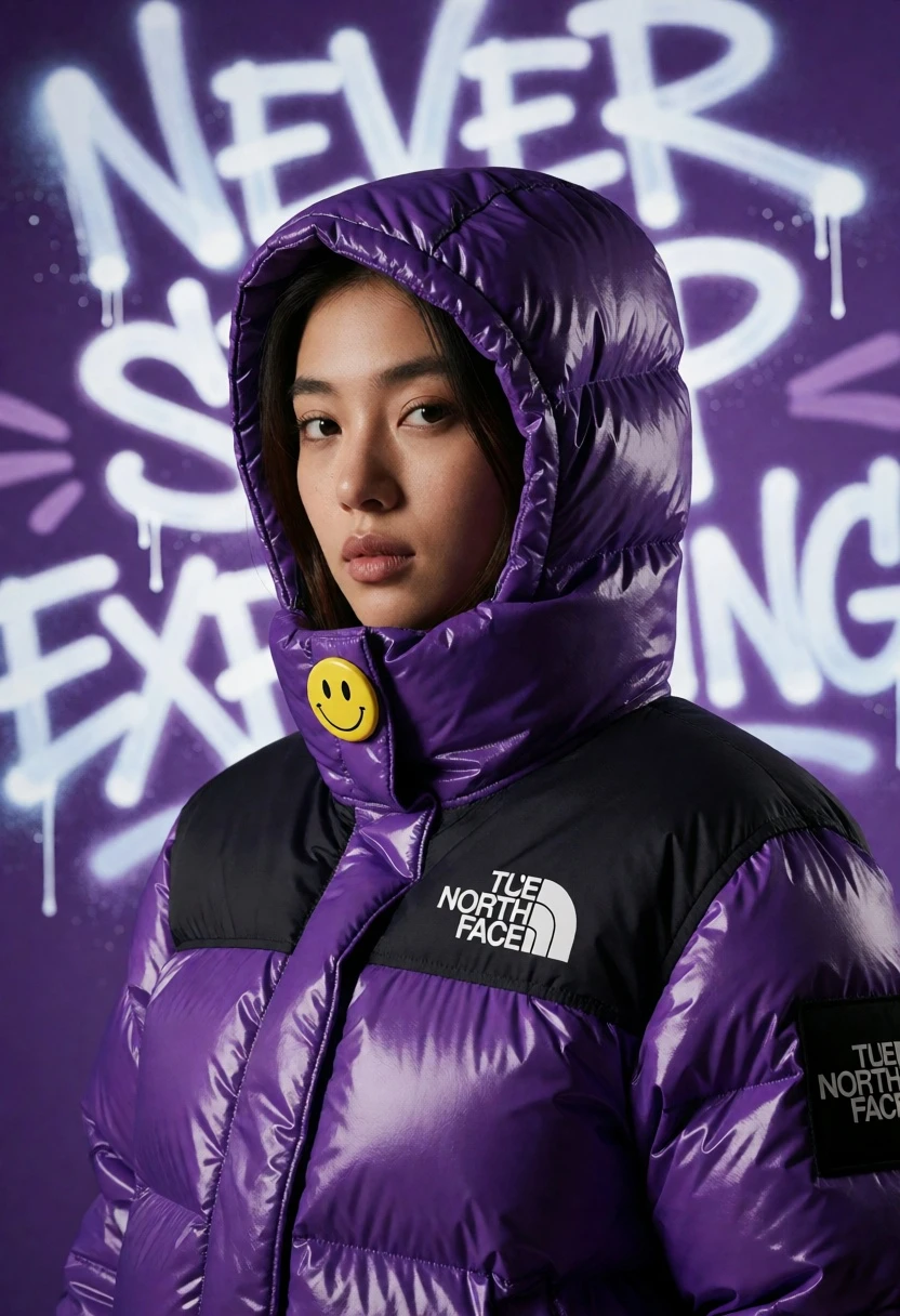 Young woman in purple puffer jacket against vibrant graffiti studio backdrop - AI generated image prompt sample