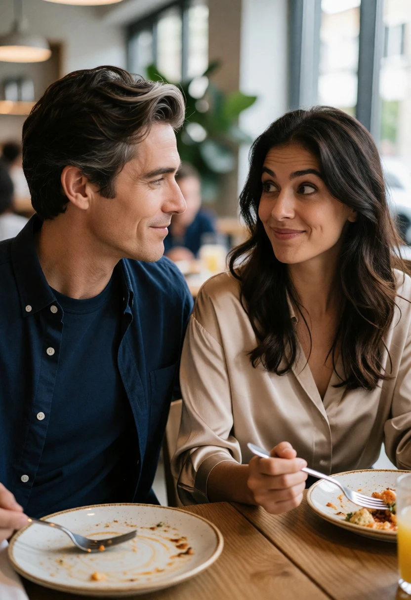 Couple seated at wooden table in bright modern restaurant after dining - AI generated image prompt sample