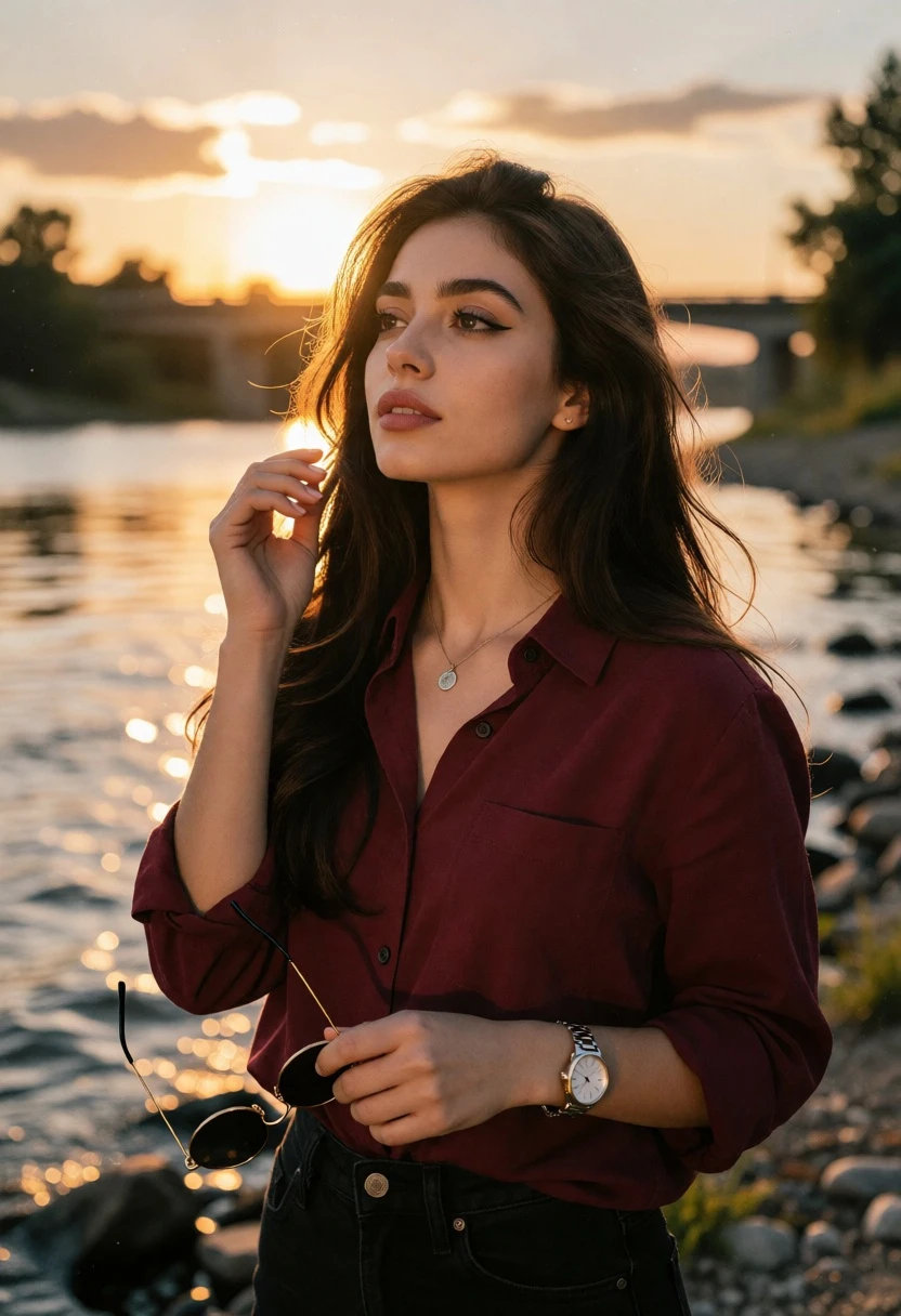 Young woman by riverbank during golden hour with flowing dark hair - AI generated image prompt sample