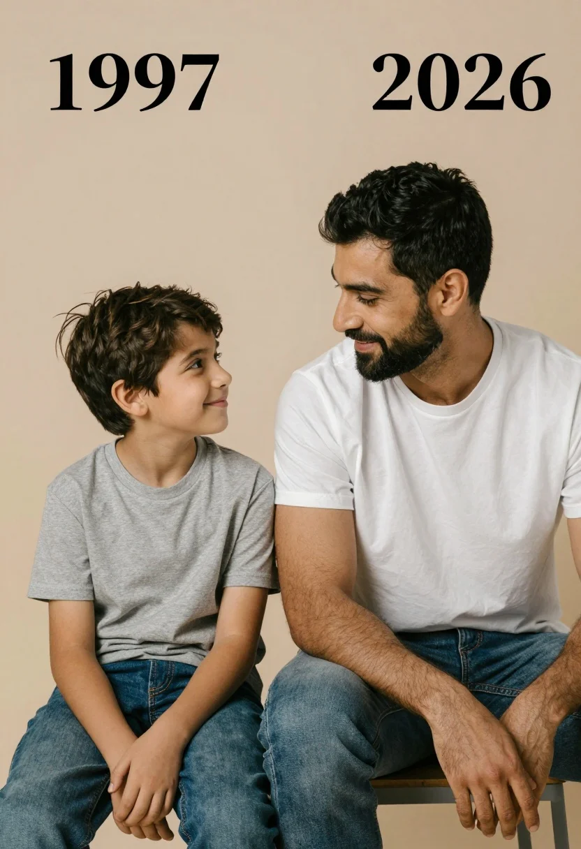 Portrait of young boy and adult man sitting together against beige background - AI generated image prompt sample