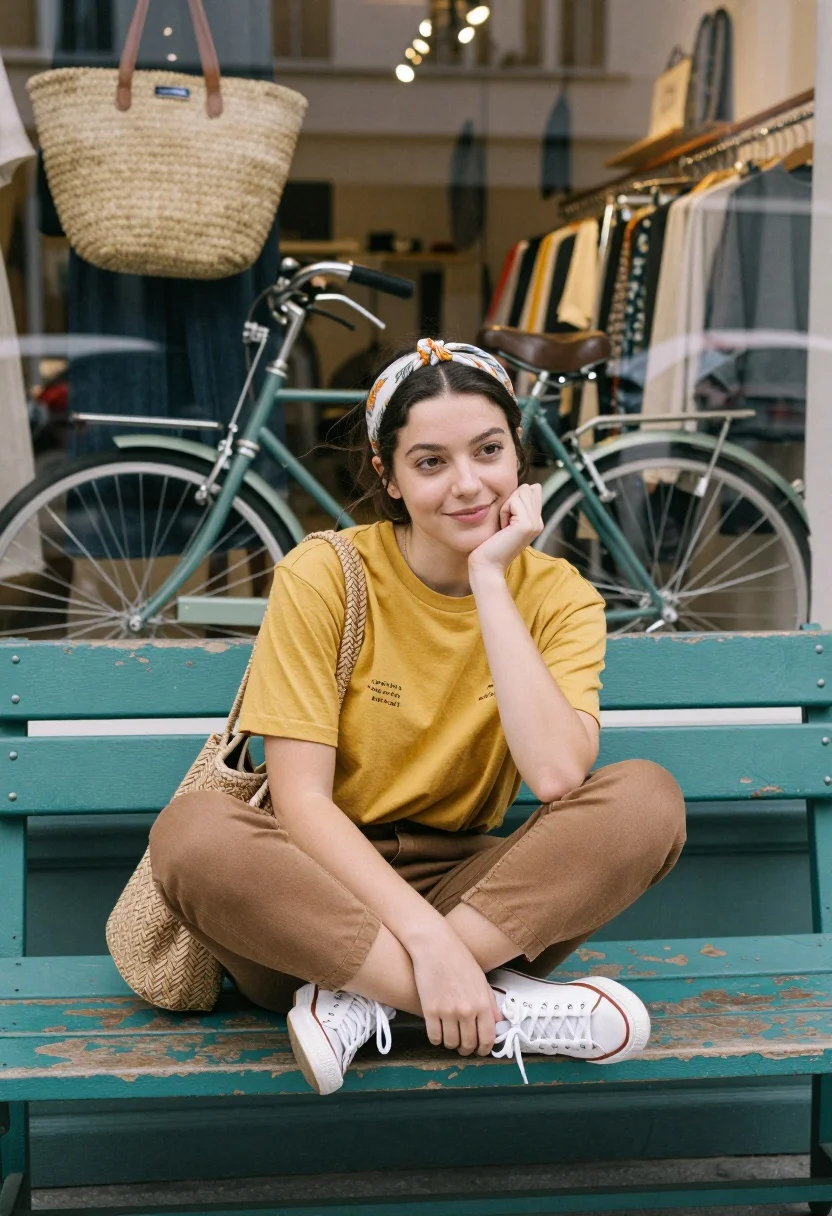 Young woman sitting on teal bench near boutique window display street scene - AI generated image prompt sample