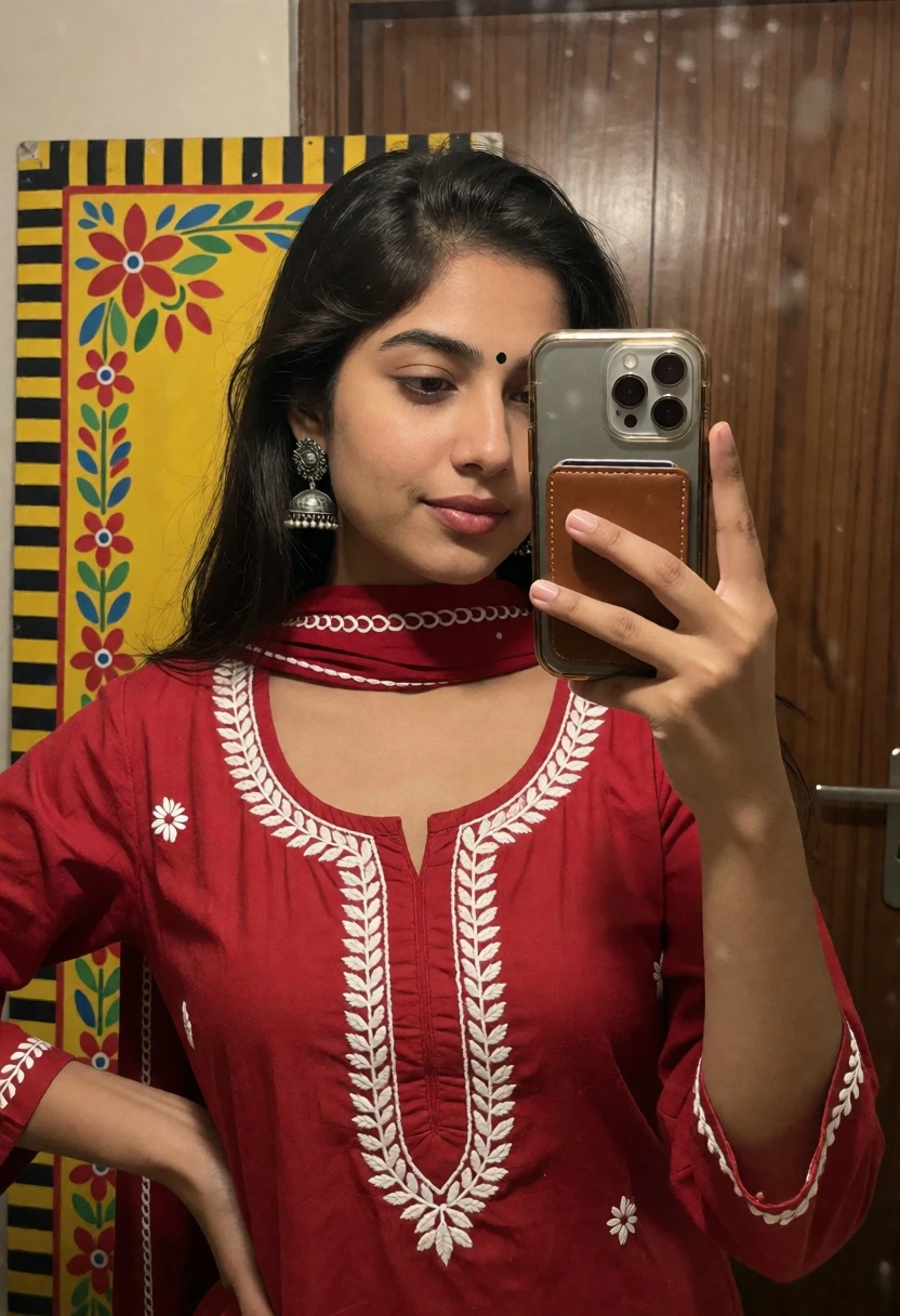 Young woman taking a mirror selfie in front of wooden door - AI generated image prompt sample