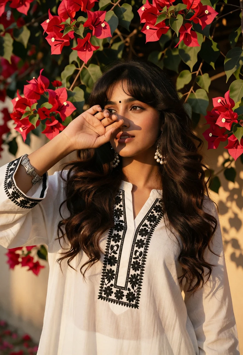 Young woman with dark wavy hair near red bougainvillea flowers - AI generated image prompt sample