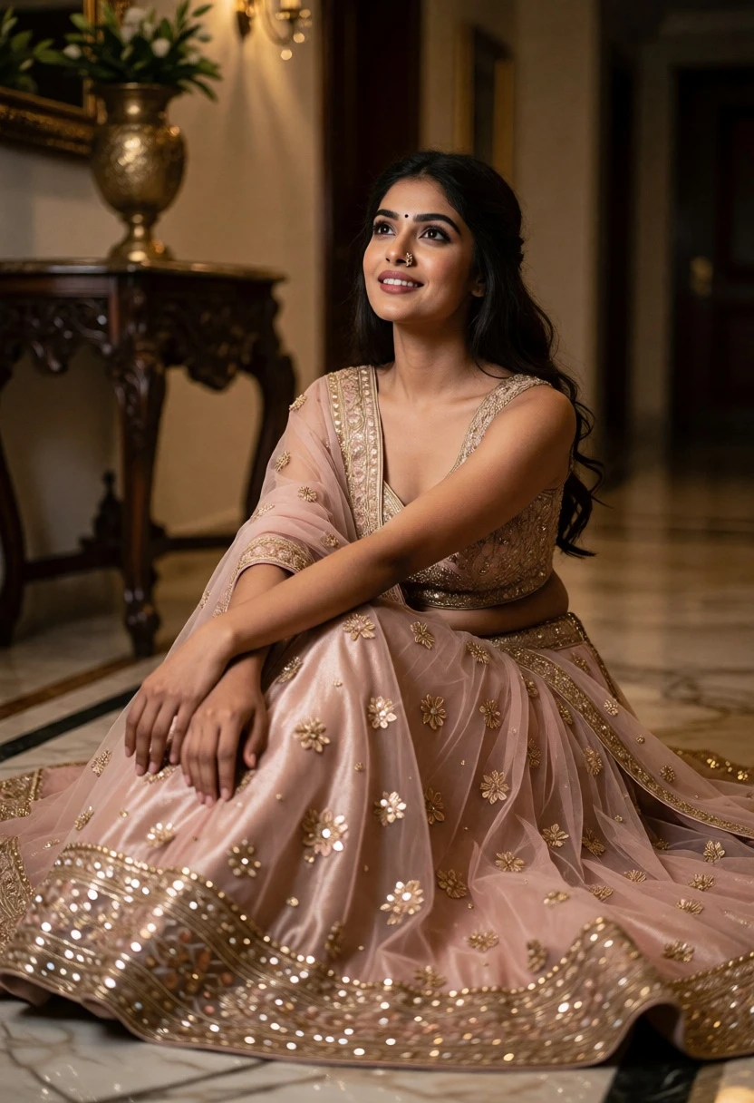 Young woman in blush lehenga on marble floor with gold embroidery details - AI generated image prompt sample