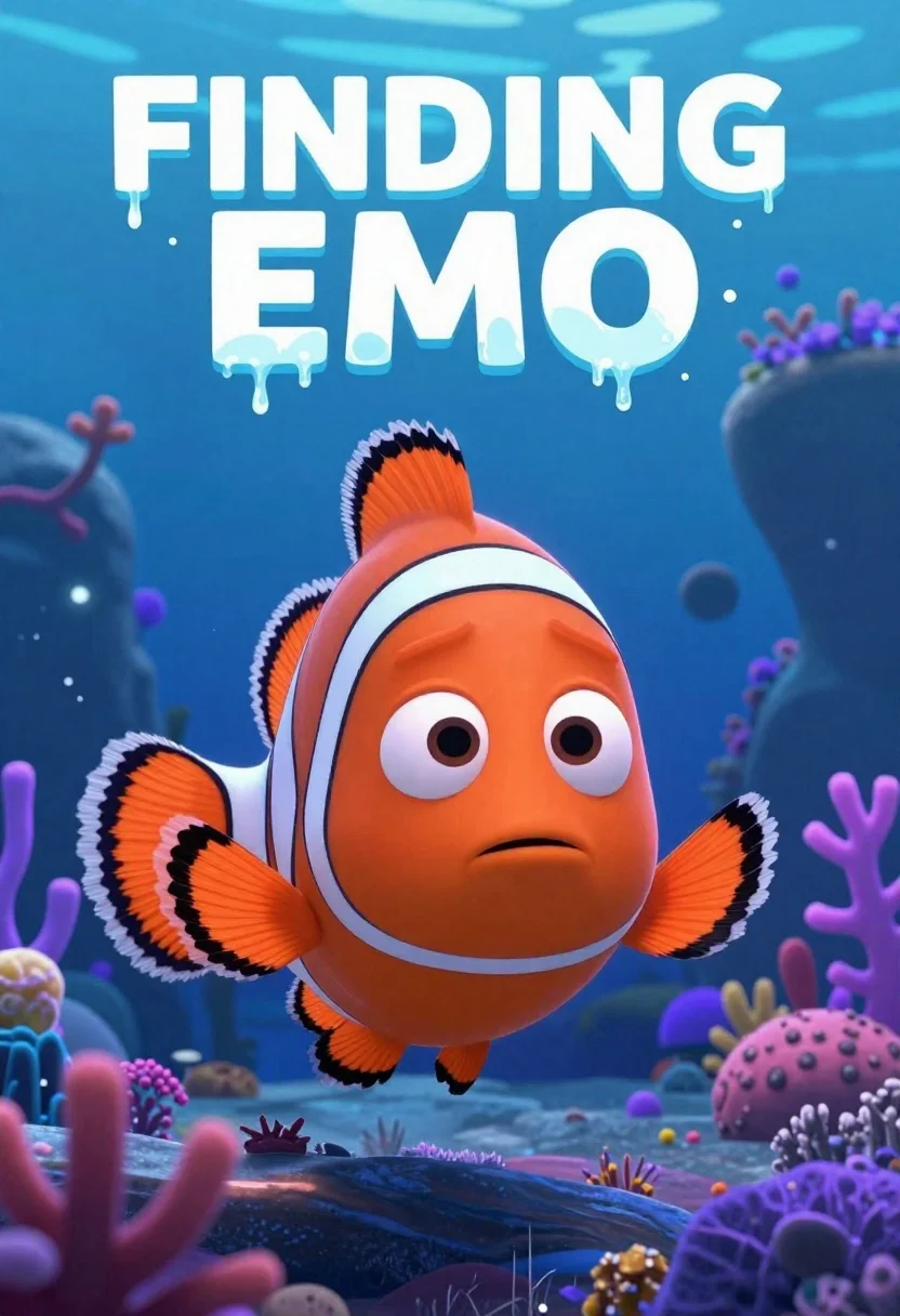 Stylized clownfish in deep blue underwater environment