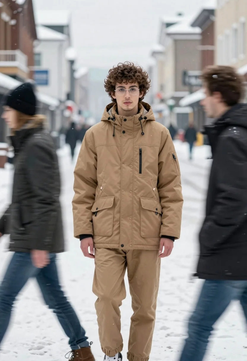 Young man in tan parka on snowy urban street cinematic photograph - AI generated image prompt sample
