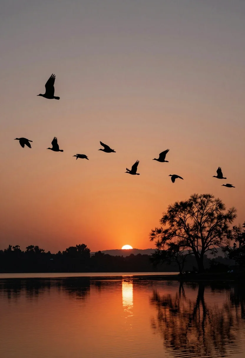 Flock of birds silhouetted against vibrant orange sunset sky above calm lake - AI generated image prompt sample