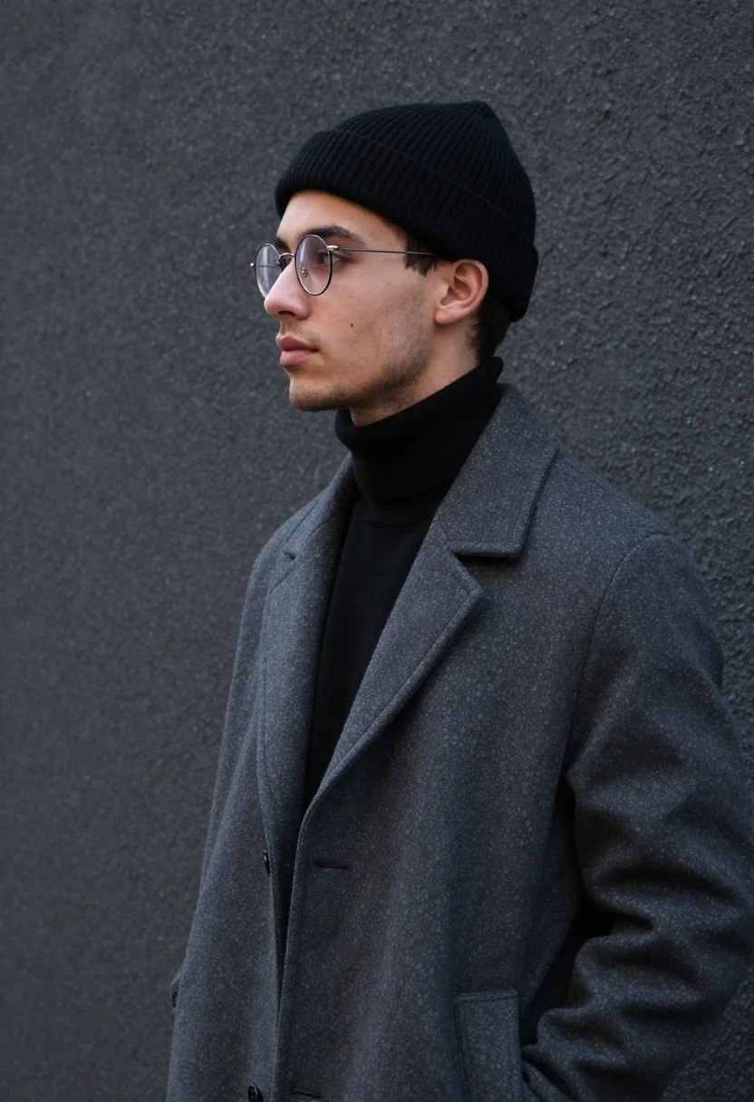 Medium close up profile of young man in black coat against dark - AI generated image prompt sample