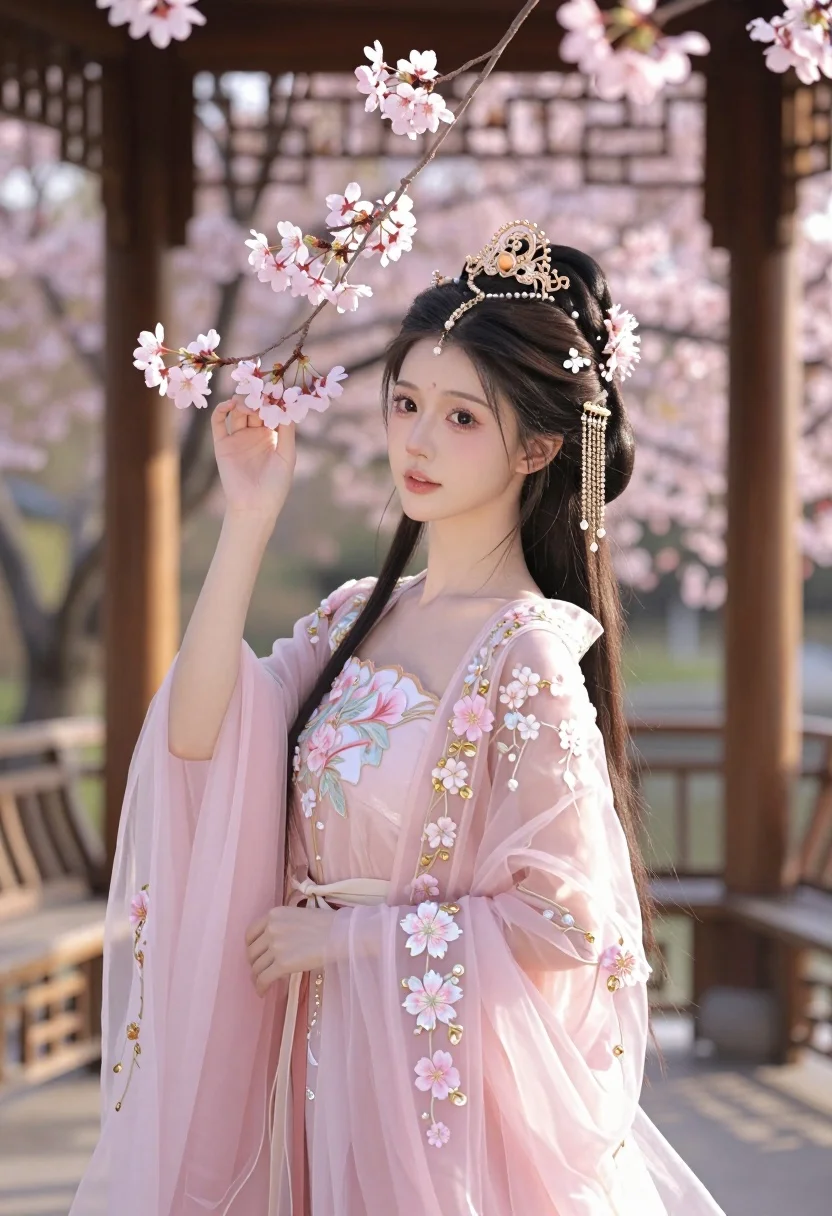 Young woman in pink gown standing in cherry blossom pavilion at golden - AI generated image prompt sample