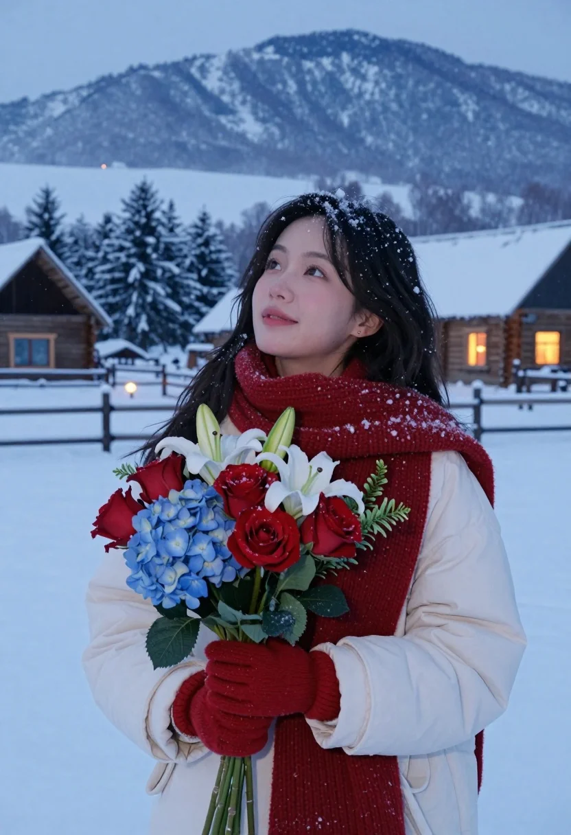 Young woman holding flowers in snowy mountain village at twilight - AI generated image prompt sample