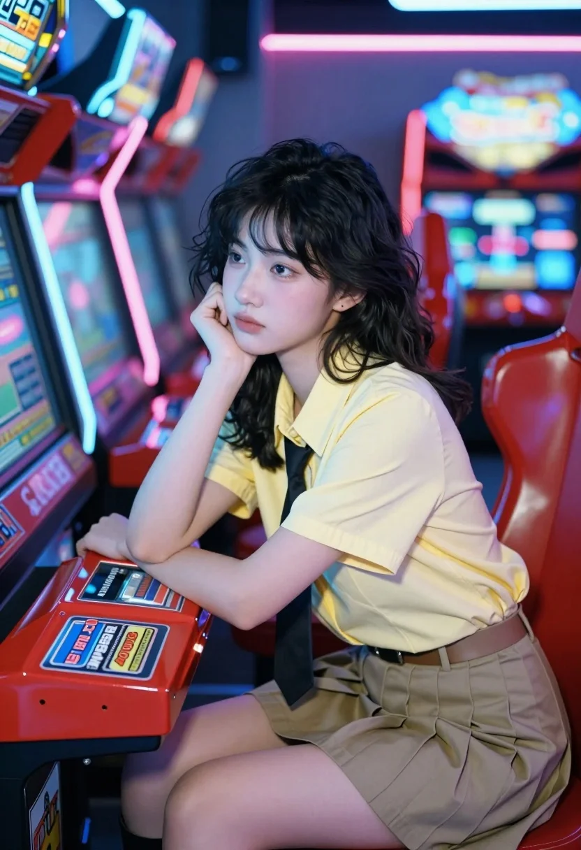 Young woman in yellow shirt resting chin in neon lit racing arcade - AI generated image prompt sample