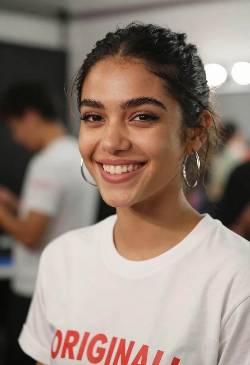 Close up portrait of smiling young woman in white tshirt indoors