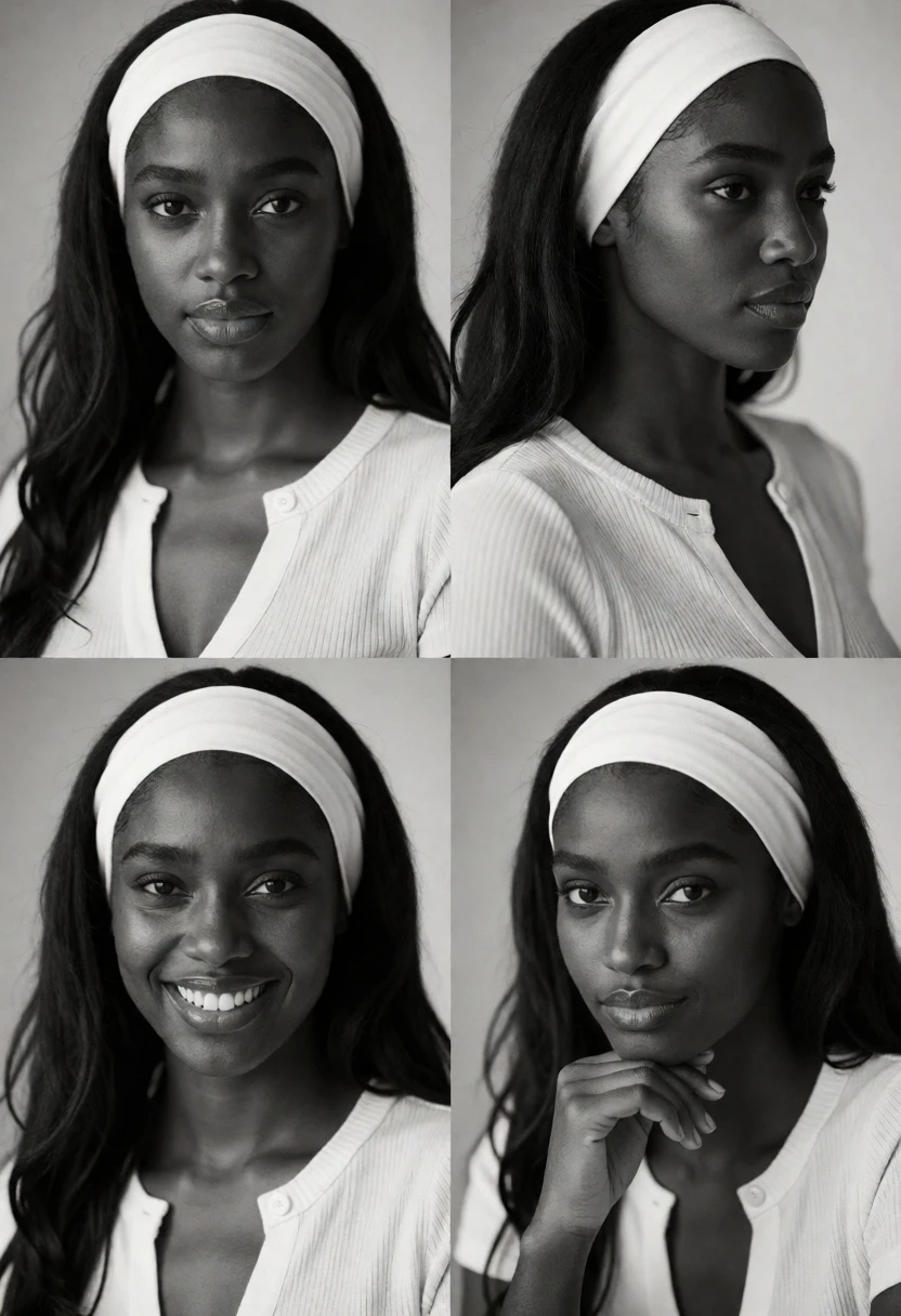 Black and white collage of four portrait panels featuring dark skinned young - AI generated image prompt sample