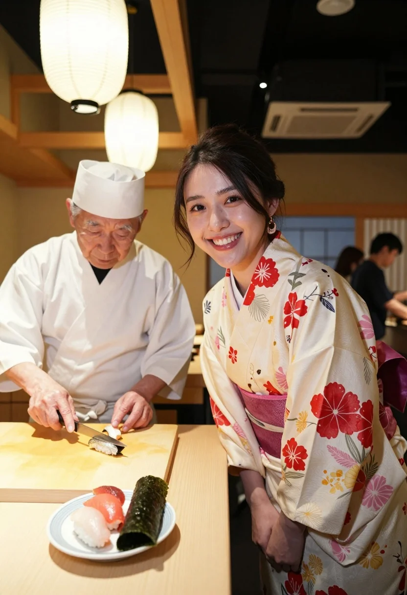 Joyful young woman in floral kimono smiles near sushi chef at restaurant - AI generated image prompt sample