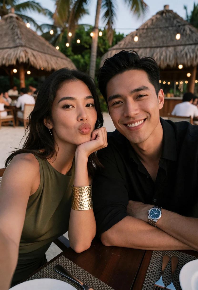 Couple posing at beachside restaurant during late afternoon tropical setting - AI generated image prompt sample