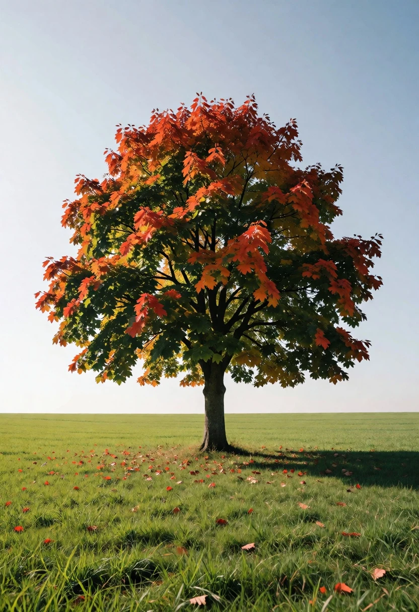 Solitary autumn tree in a vast green field under clear blue sky - AI generated image prompt sample