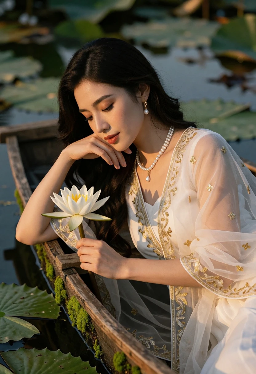 Woman reclining in wooden boat on pond holding white water lily at - AI generated image prompt sample