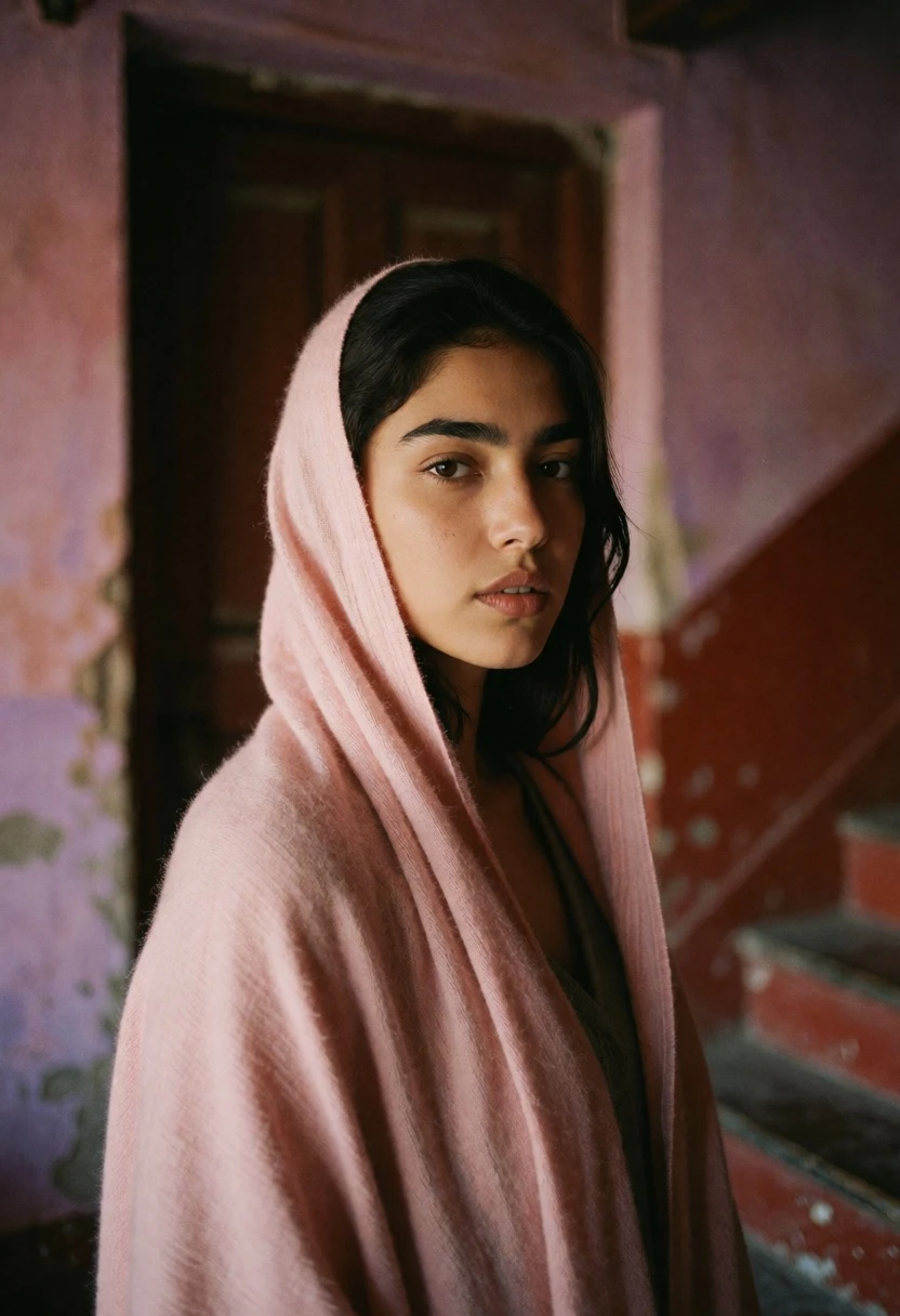 Young woman in pink hooded wrap inside old building setting - AI generated image prompt sample