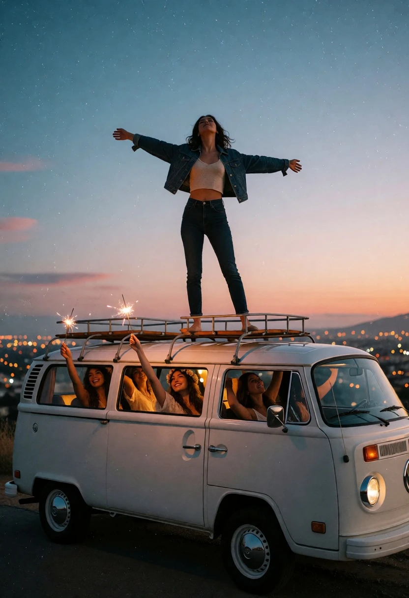 Young woman on vintage van roof overlooking sprawling cityscape at dusk - AI generated image prompt sample