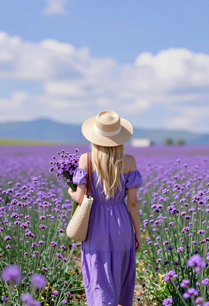 Woman in purple dress standing in vast field of flowers under blue - AI generated image prompt sample