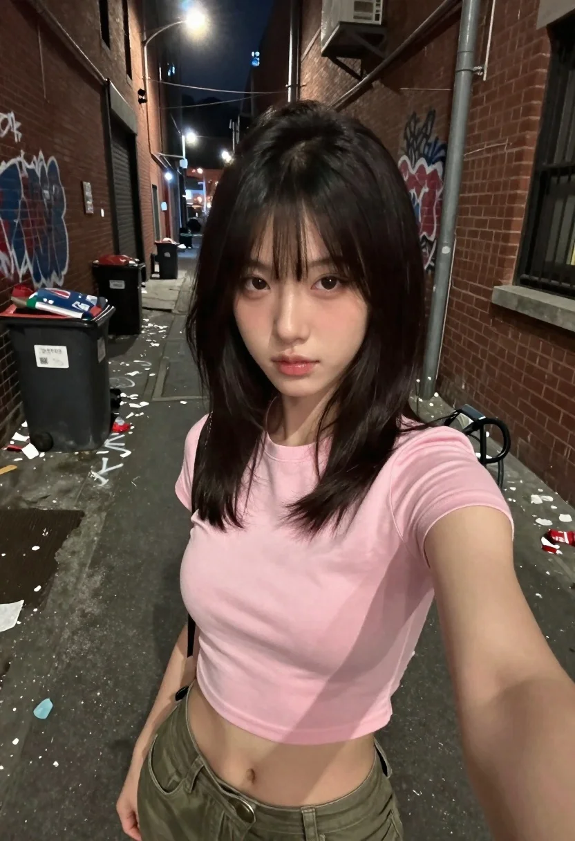 Young woman taking selfie in a grimy urban alleyway - AI generated image prompt sample