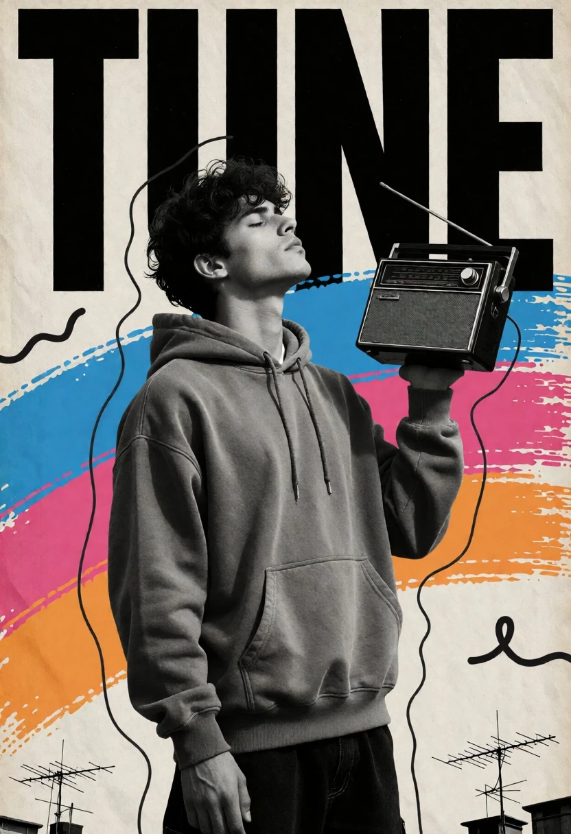 Young man holding vintage radio against bold typographic collage background - AI generated image prompt sample