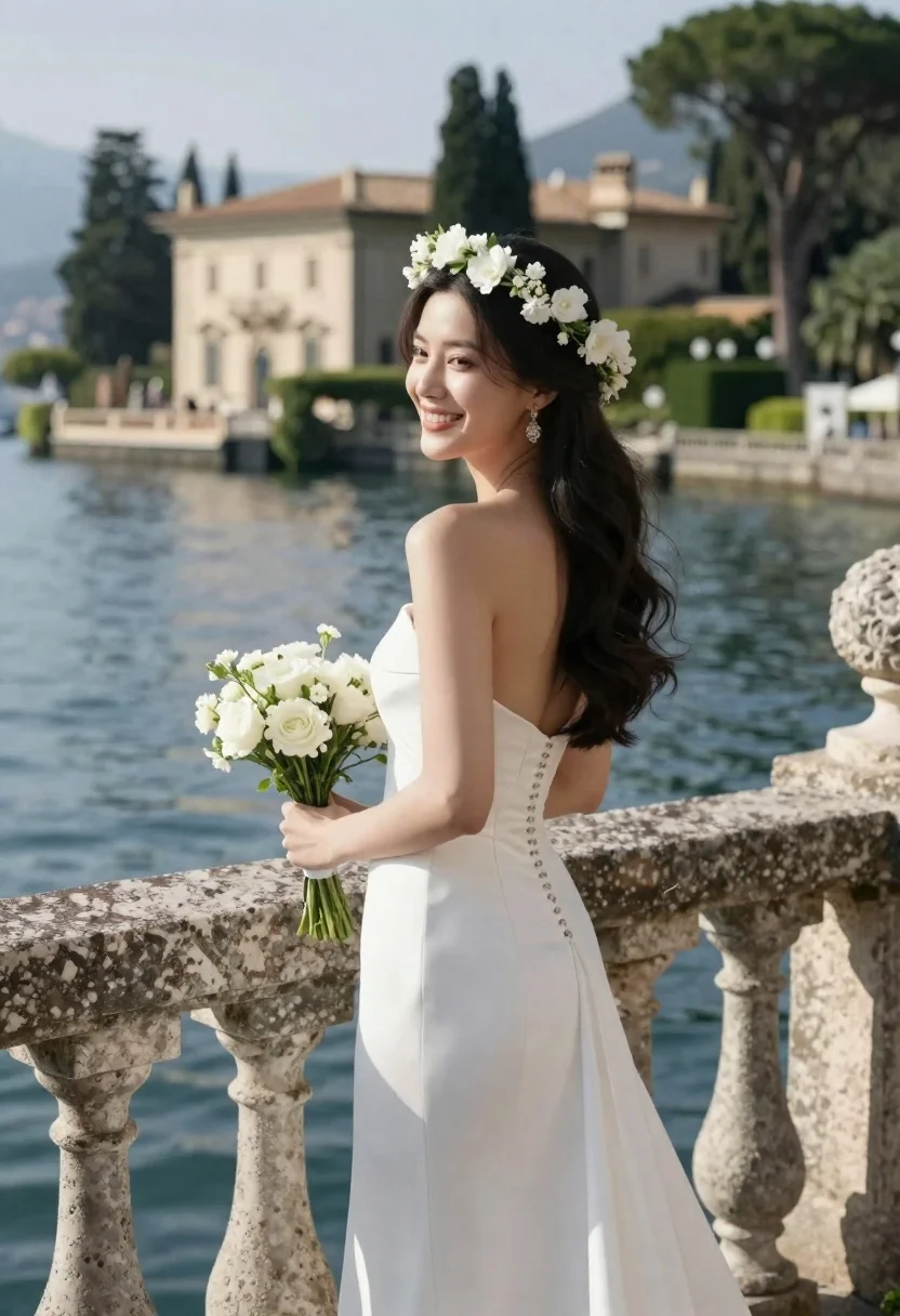 Woman in white wedding gown holding bouquet on terrace overlooking lake - AI generated image prompt sample