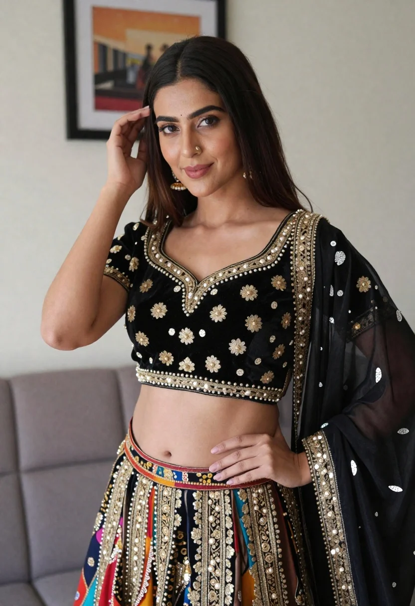Young woman in ornate black and gold lehenga choli indoors portrait