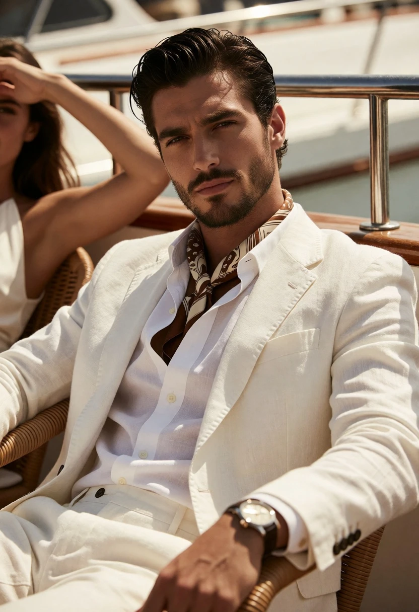 Handsome man in white linen suit on boat under bright sunlight - AI generated image prompt sample