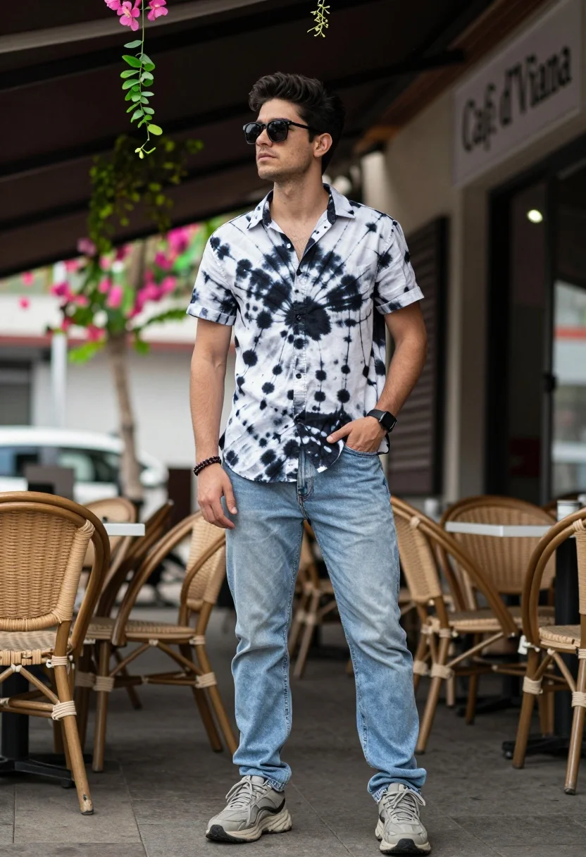 Young man in tiedye shirt standing at outdoor cafe patio setting - AI generated image prompt sample