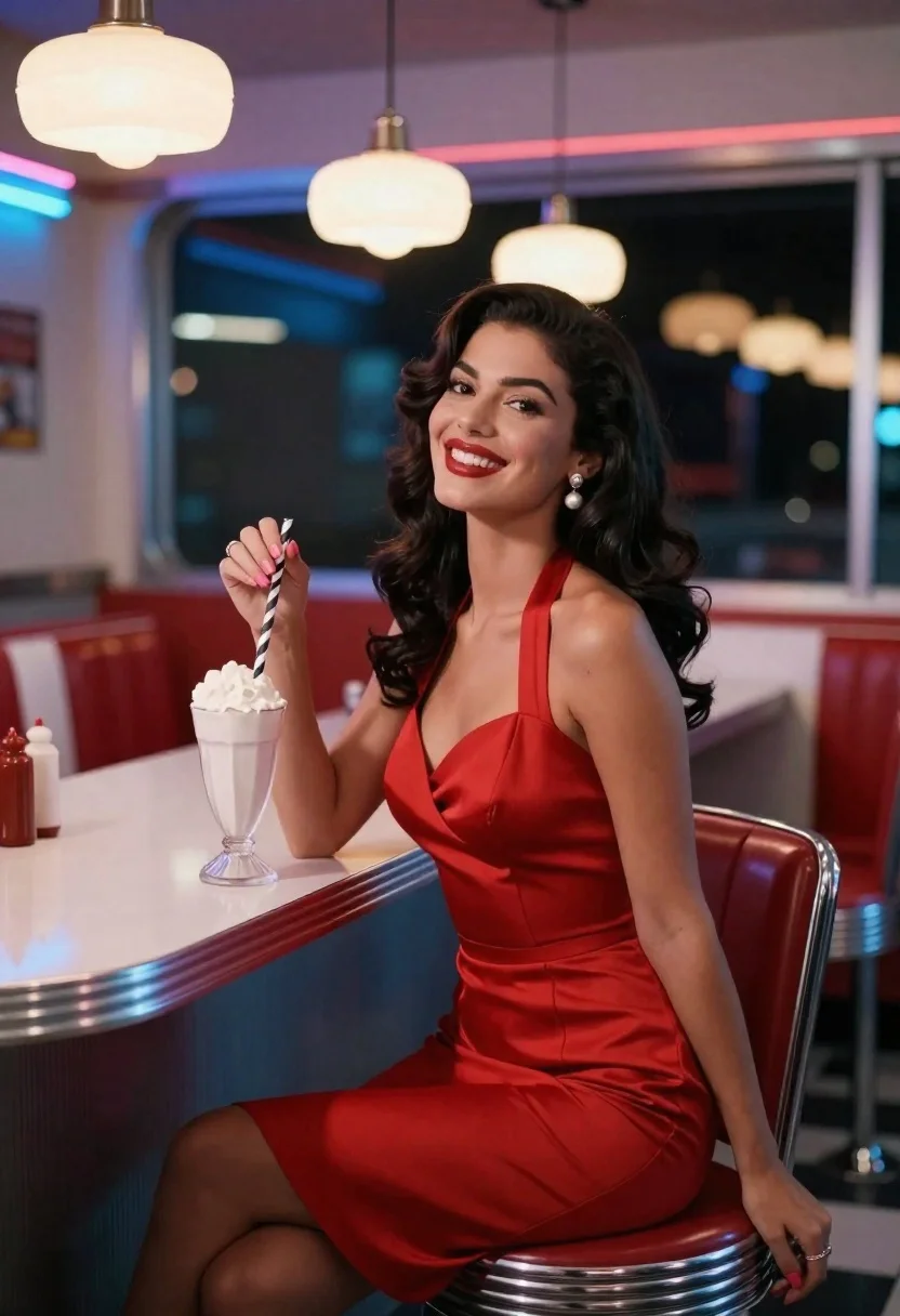 Woman in red satin dress holding milkshake at retro diner counter - AI generated image prompt sample