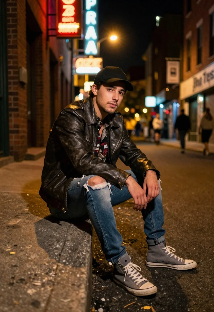 Young man sitting on concrete ledge in neon lit urban alleyway at - AI generated image prompt sample