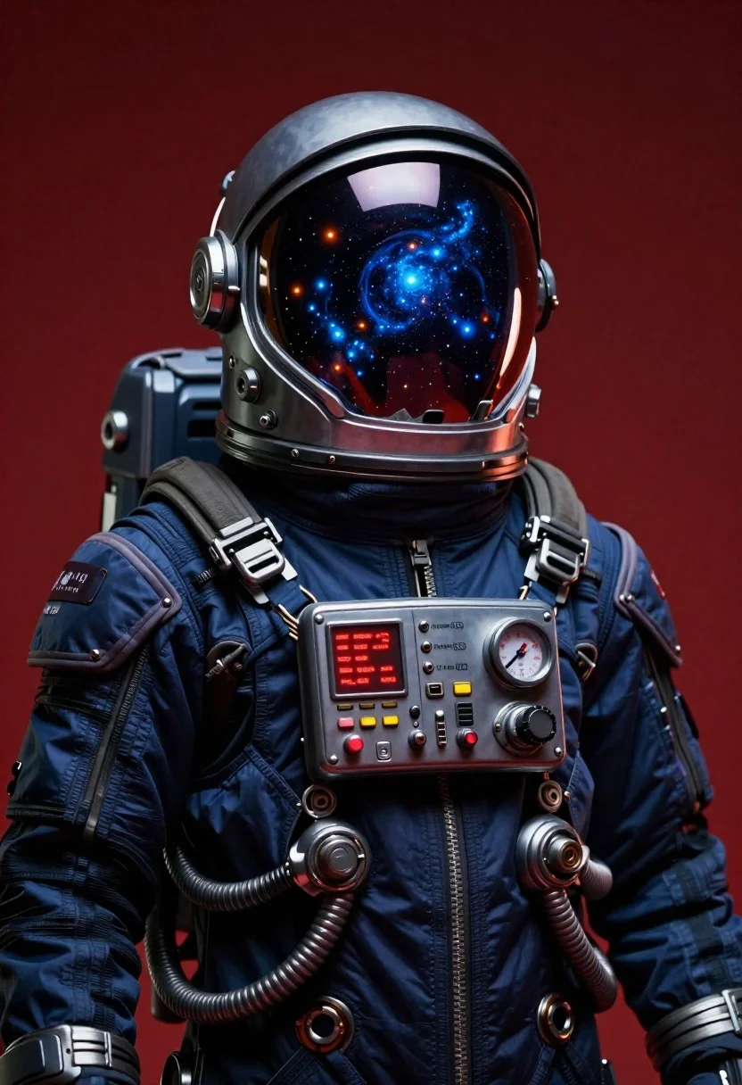 Futuristic astronaut portrait against deep red background