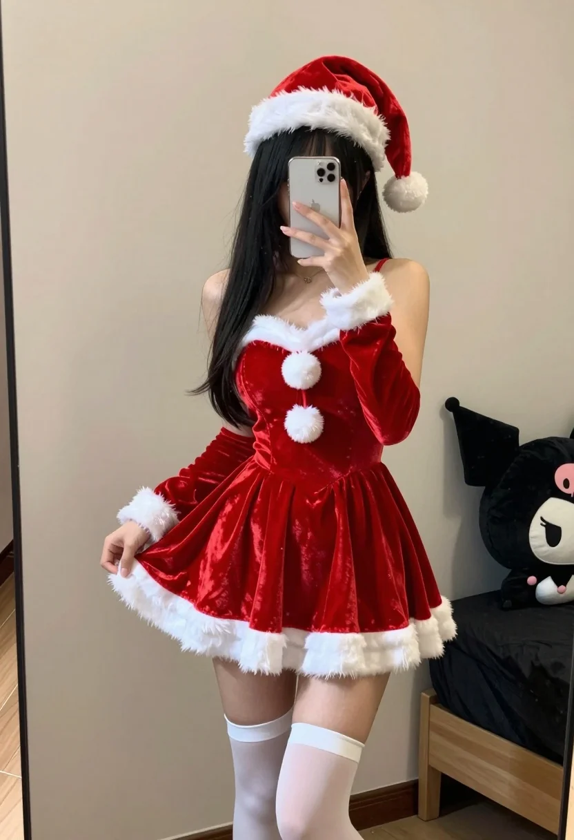 Young woman in santa costume taking mirror selfie in beige bedroom - AI generated image prompt sample