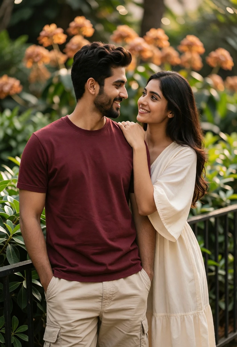 Romantic portrait of couple in lush garden setting by black metal railing - AI generated image prompt sample