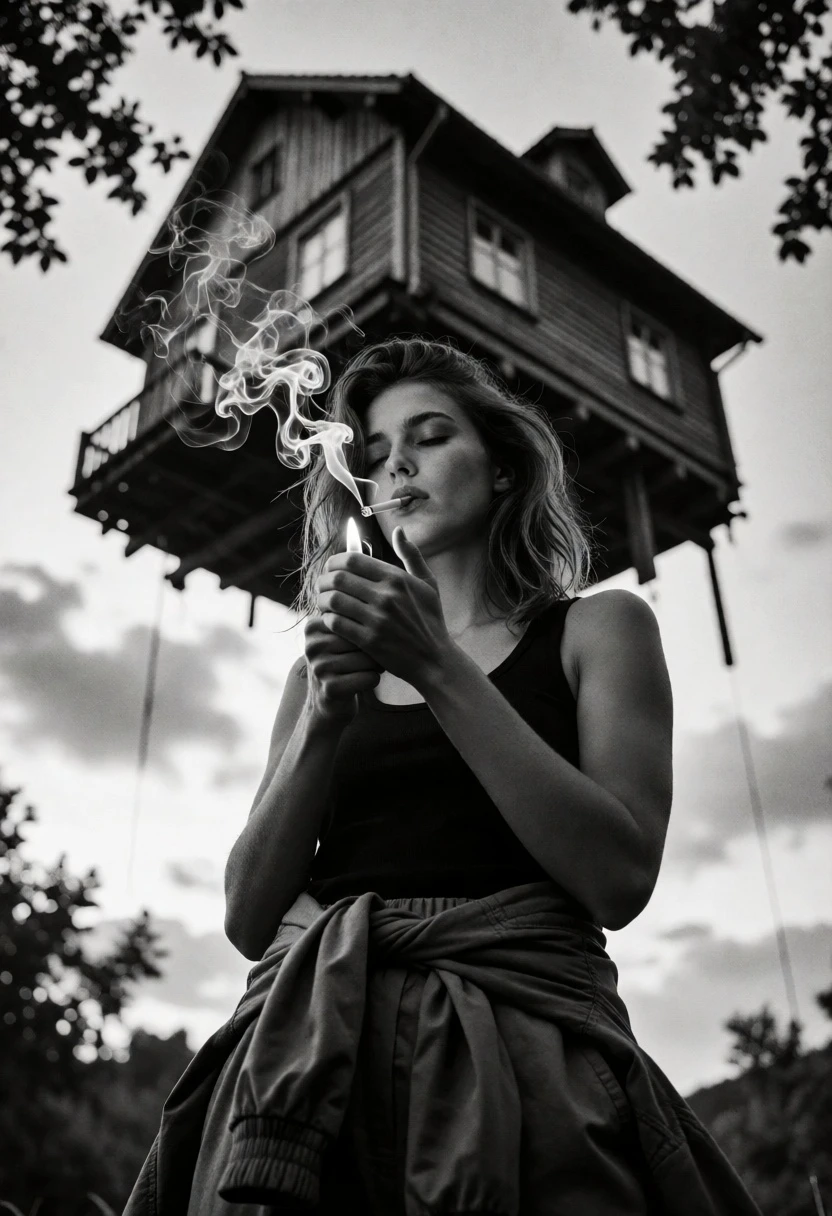 Low angle black and white photograph of woman under floating house - AI generated image prompt sample