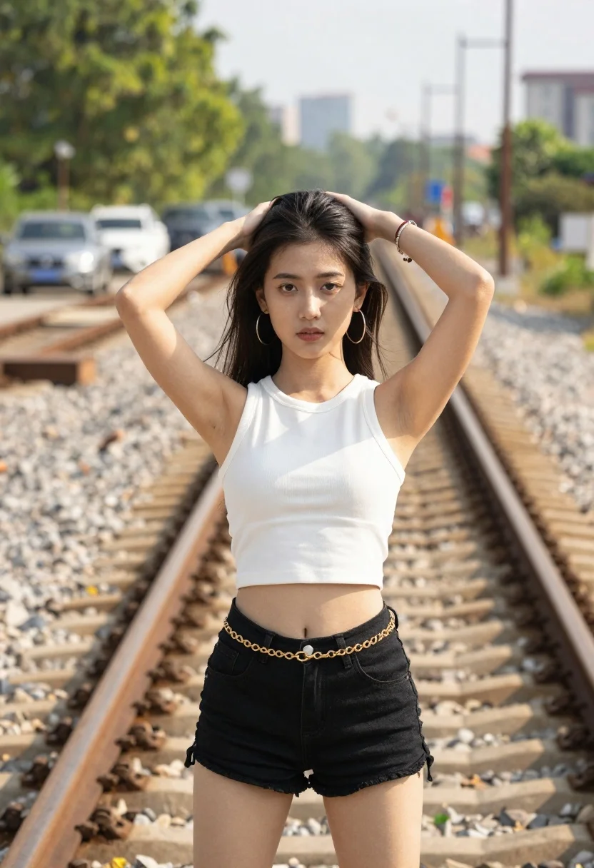 Young woman running hands through dark hair on railroad tracks outdoors