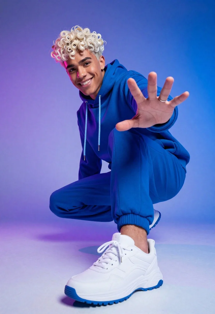 Young man crouching in blue hoodie against purple and blue gradient background - AI generated image prompt sample
