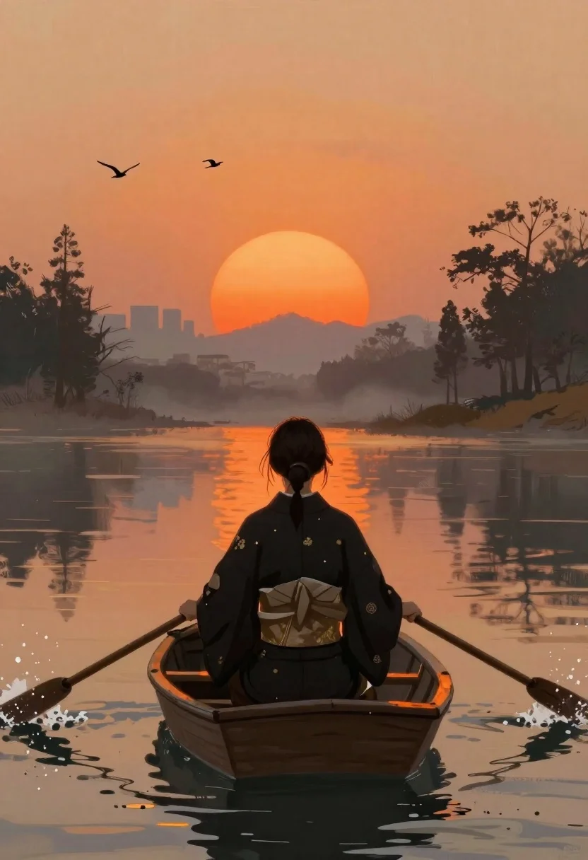 Woman in kimono rowing toward glowing orange sun - AI generated image prompt sample