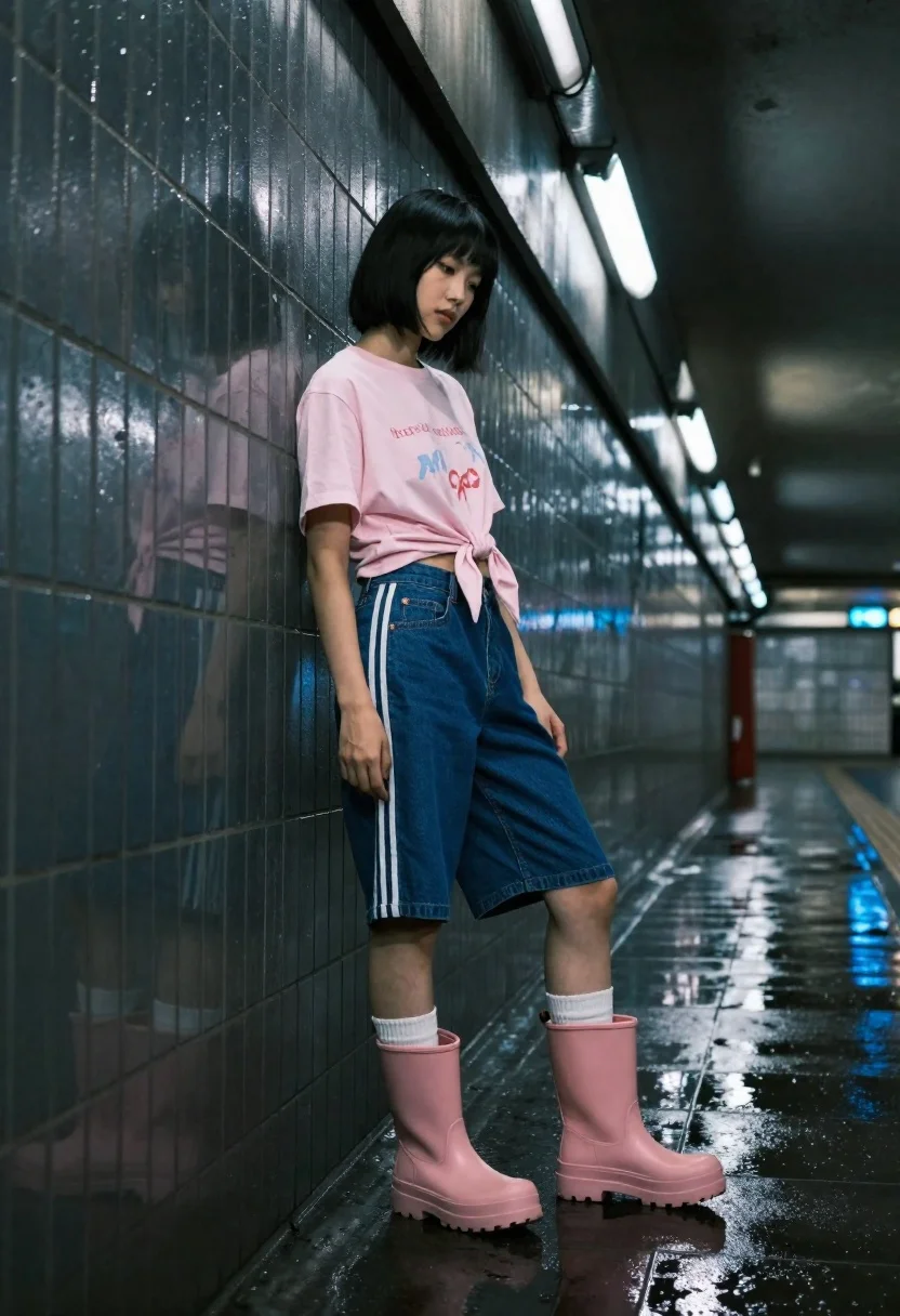 Young woman in pink tshirt and rain boots standing in a dimly - AI generated image prompt sample