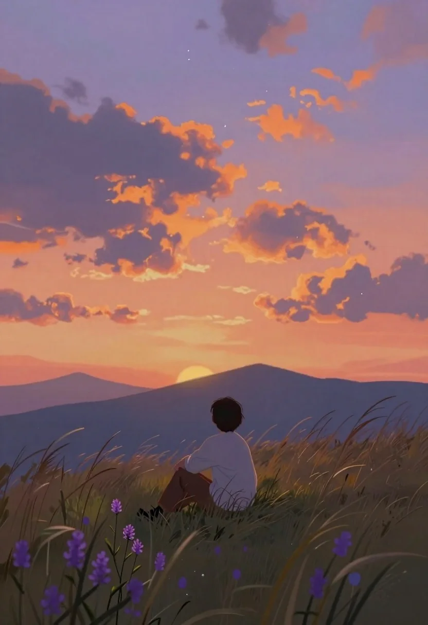 Lone figure sitting in meadow at twilight under dramatic sky
