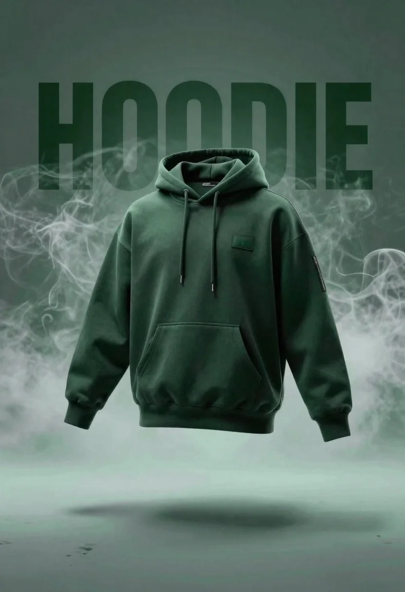 Dark green hoodie floating against smoky backdrop with 3d letters - AI generated image prompt sample