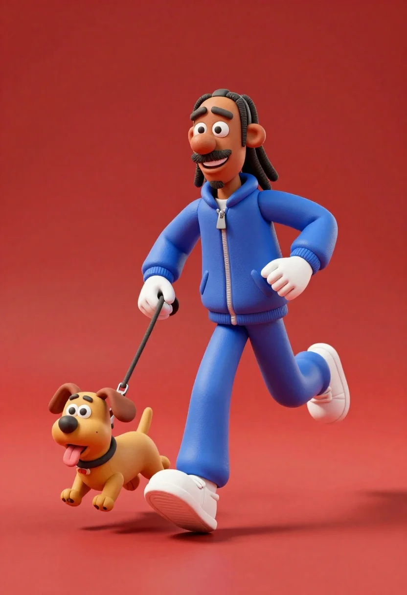 3d animated snoop dogg character running with small dog on leash - AI generated image prompt sample