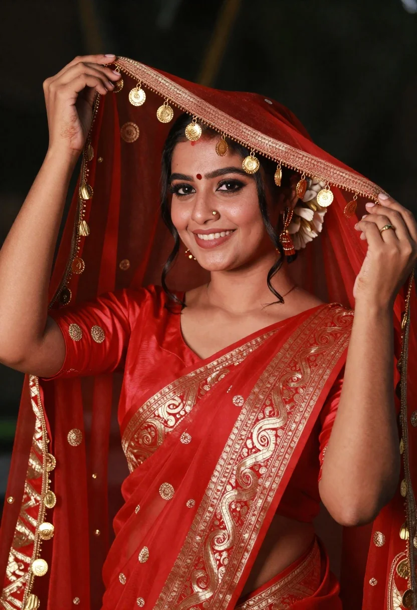 Smiling young woman in red traditional indian bridal attire holding veil
