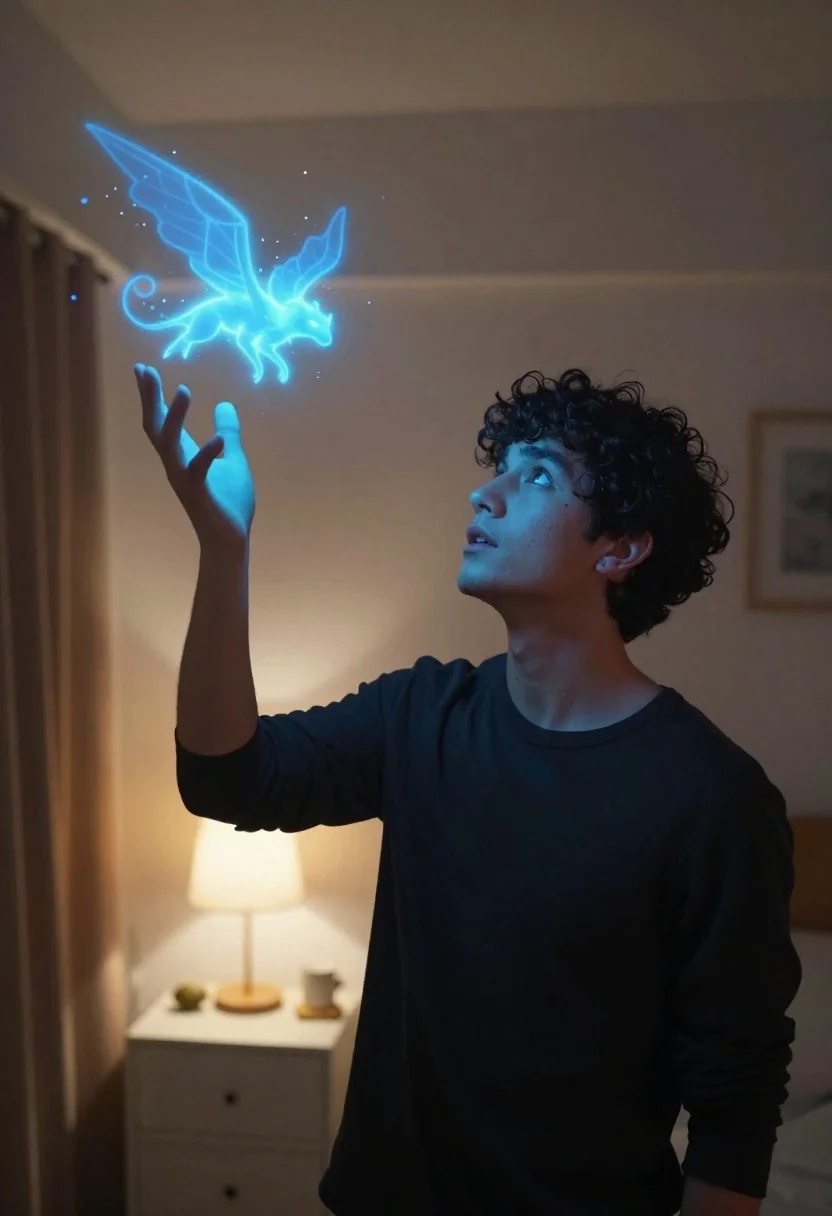 Young man looking up at glowing magical creature in dimly lit bedroom - AI generated image prompt sample